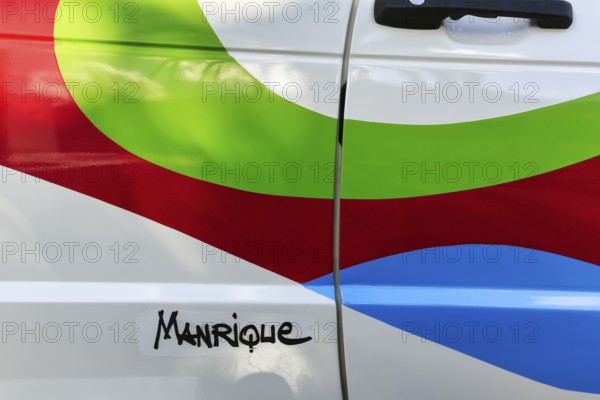 Seat Ibiza, colourful car paintwork, design, Manrique lettering, César Manrique House Museum and Studio, Haria, Lanzarote, Spain, Europe