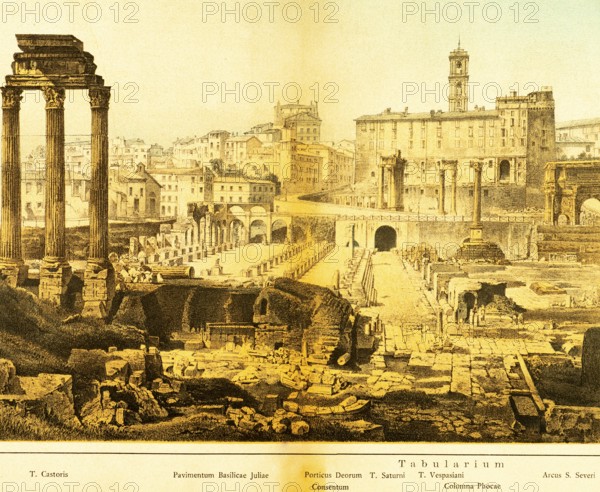 View of ancient Rome from the Roman Forum, ruins, cityscape, columns, houses on the hillside, title, Italy, colour historical illustration from 1882, Europe