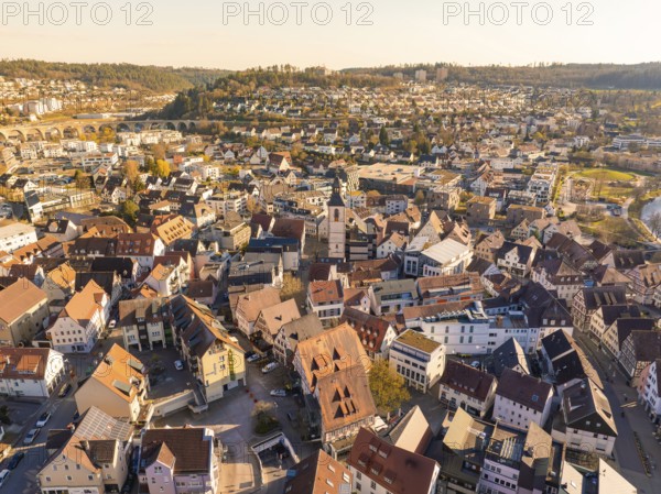 Panoramic view of a town with diverse architecture and a river, Nagold, Black Forest, Germany, Europe