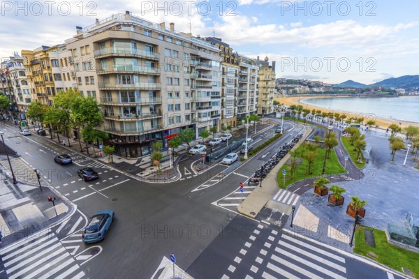Aerial view of the avenue and the beach of La Concha without people in Donostia San Sebastian, Gipuzkoa. Basque Country