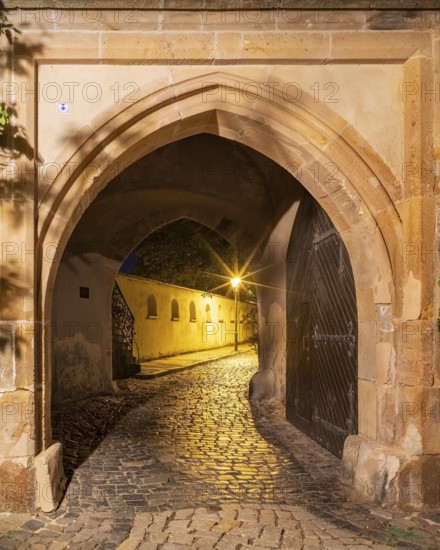 Castle gate of Altenburg Castle, night shot, Altenburg, Thuringia, Germany, Europe