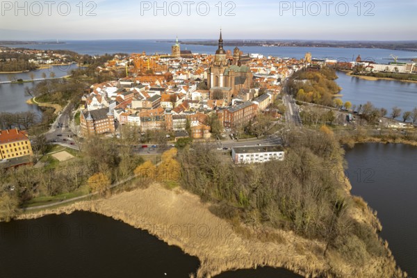 City view of Stralsund with St Mary's Church seen from the air, Mecklenburg-Vorpommern, Germany, Europe