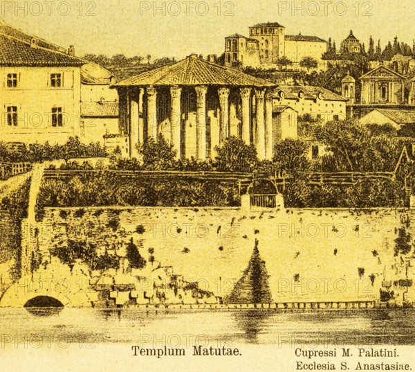 Semicircular mouth of the Cloaca Maxima into the Tiber, canal system for drainage, Templum Matutae or Tempio di Ercole Vincitore, semicircular temple of Hercules Victor with Corinthian colonnade, columns, Cupressi M. Palatini, Ecclesia San Anastasiae or Basilica di Sant'Anastasia al Palatino, title, ancient Rome, Italy, coloured historical illustration from 1882, Europe