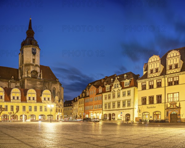 The market square with the Wenceslas Church and town houses with Renaissance gables at dusk, Naumburg, Saxony-Anhalt, Germany, Europe