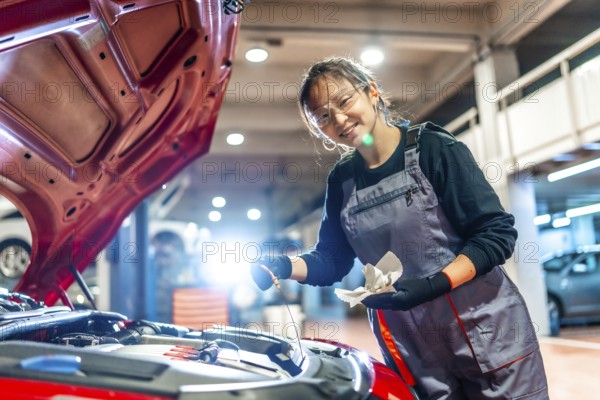 Young female mechanic is checking the oil level of a car engine in a garage, holding a dipstick and a rag