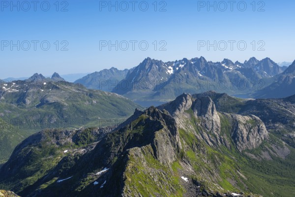 Mountain landscape, view of mountain peaks at the summit of Rundfjellet, Svolvaer, Nordland, Norway, Europe