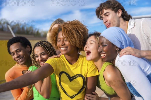 Side view photo of a group of multi-ethnic friends smiling and taking a selfie outdoors