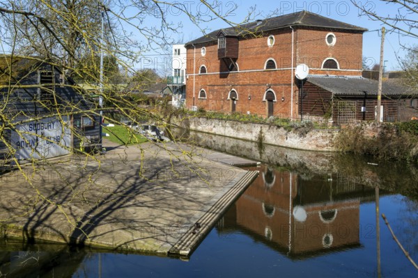 Quay House theatre red brick former granary building, River Stour navigation, Sudbury, Suffolk, England, UK