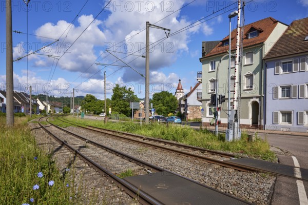 Railway tracks with overhead line and barrier near Gengenbach, Black Forest, Ortenaukreis, Baden-Württemberg, Germany, Europe