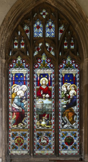 Stained glass window of Jesus Christ and Last Supper, church of Saint Peter, Sudbury, Suffolk, England, UK c 1879 probably J Hardman