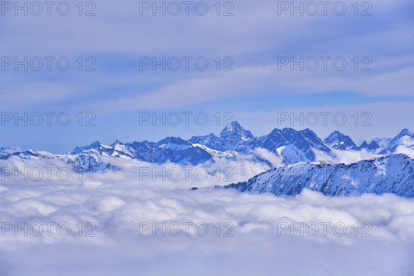 View from the mountain station of the Ifenbahn in Kleinwalstertal to the Oberstdorf and Lechtal mountains, in the centre the Hochvogel (2592 m), Allgäu, Vorarlberg, Austria, Europe