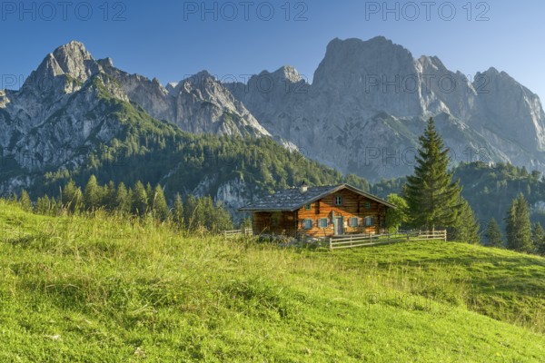 Alpine hut in Weißbach National Park, blue sky, Mühlsturzhorn, Lofer, Pinzgau, Salzburg
