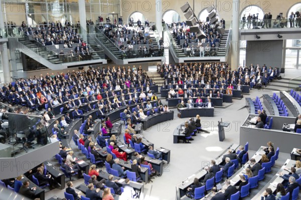Berlin, Germany - 25.3.2025: The parliamentary groups of the parties (L-R) Die Linke, SPD, Bündnis 90 / Die Grünen, CDU, AfD listen to the opening speech of the President of the Bundestag Gregor Gysi during the constituent session of the 21st German Bundestag