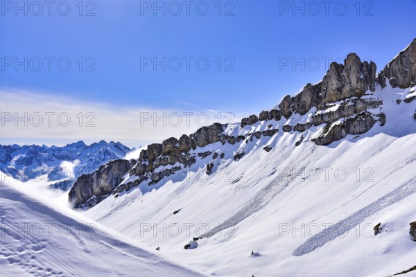 On the right, the rock faces of the Hoher Ifen (2230 m) in Kleinwalsertal, on the Gottesacker plateau, Allgäu, Vorarlberg, Austria, Europe