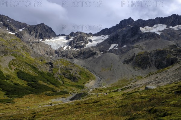 Ushuaia, Tierra del Fuego, Argentina, hiking trail to the Martial glacier on Cerro Martial, Ushuaia's local mountain. Ushuaia is the southernmost city in the world, the end of the world, South America