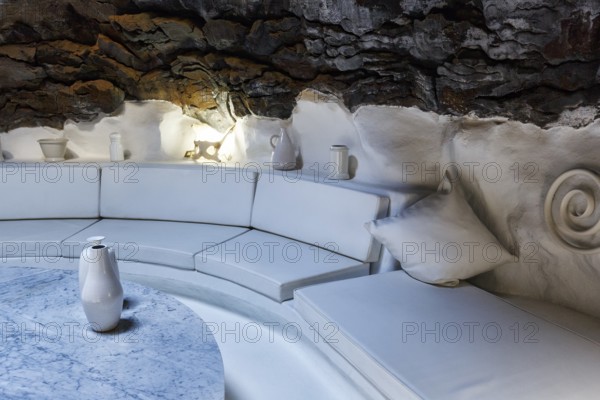 Cave dwelling, white bubble, sofa, former residence of the artist, interior view, Fundacion Cesar Manrique, Tahiche, Teguise, Lanzarote, Spain, Europe