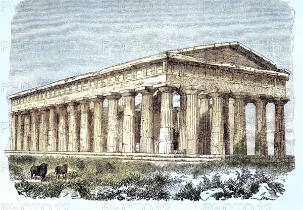 The Temple of Poseidon in Paestum, Campania, Italy, 1870 / Der Poseidontempel in Paestum, Kampanien, Italien, 1870, Historisch, historical, digital improved reproduction of an original from the 19th century / digital reproduction of an original from the 19th century, Europe