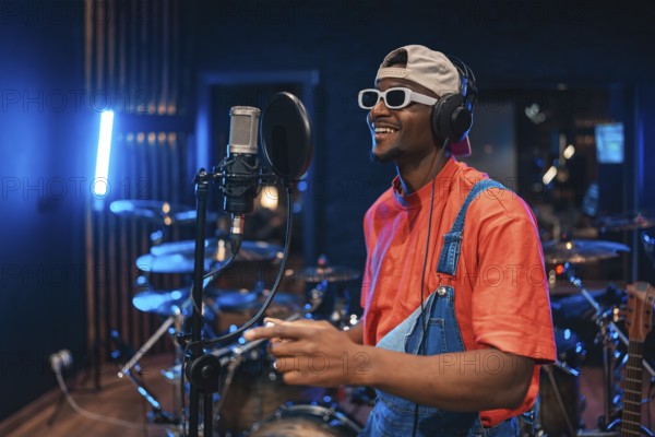 Young, stylish male singer enjoying the creative process of recording a new hit album in a professional music studio environment