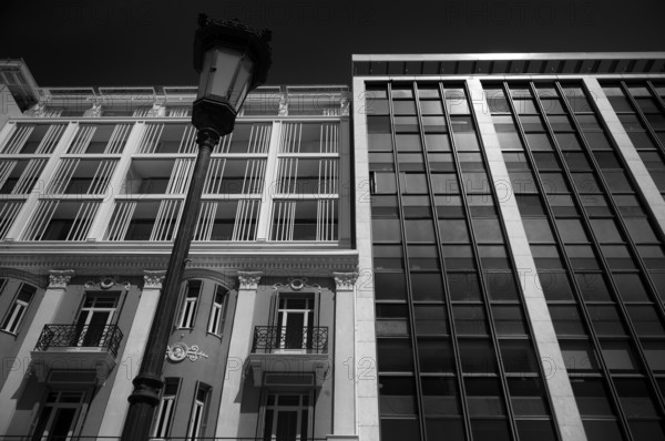 Lantern. House facade, modern, black and white, Thessaloniki, Macedonia, Greece, Europe