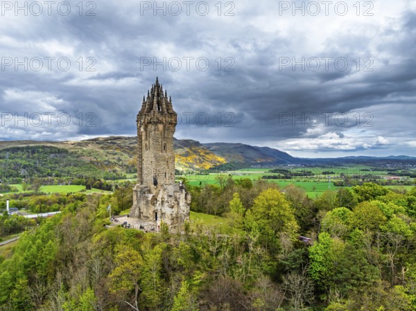 The National Wallace Monument or William Wallance Monument from a drone, Stirling, Scotland, England, United Kingdom, Europe