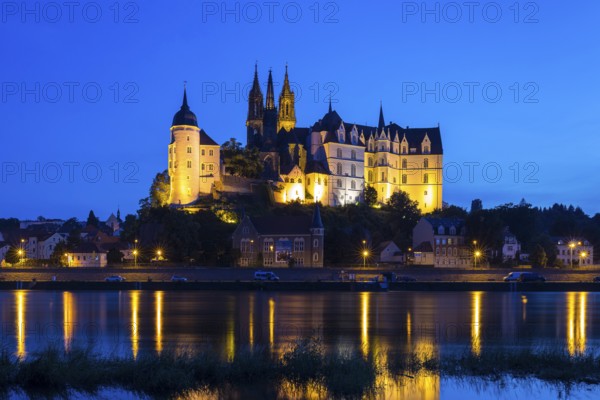 Bishop's castle, Albrechtsburg and cathedral with Elbe at blue hour, Meissen, Saxony, Germany, Europe