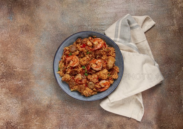 Jambalaya, Creole dish, American pilaf, rice with chicken and shrimp, vegetables, homemade, no people
