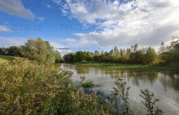 Bergkamen, Ruhr area, North Rhine-Westphalia, Germany, autumn landscape on the Seseke. The renaturalised Seseke, a tributary of the Lippe, has been transformed into a near-natural watercourse, flood protection and biodiversity through newly designed floodplains. Following the construction of a parallel sewer, the Seseke is now free of wastewater, having previously been an open, above-ground wastewater sewer, combined sewer with surface water and wastewater, Europe