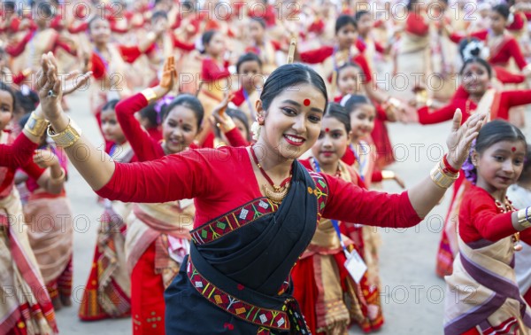 Participants with an instructor dance on the final day of a Bihu dance workshop ahead of Rongali Bihu Festival, in Guwahati, Assam, India on 12 April 2025