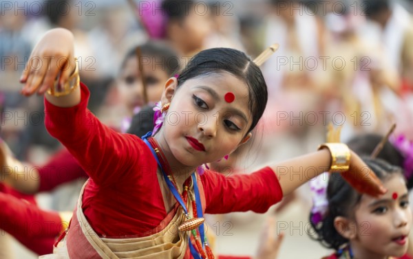 Participants dance on the final day of a Bihu dance workshop ahead of Rongali Bihu Festival, in Guwahati, Assam, India on 12 April 2025