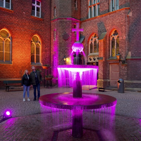 Kevelaer in the light, light installation inner courtyard of the confessional chapel with fountain in the evening, Kevelaer, Lower Rhine, North Rhine-Westphalia, Germany, Europe