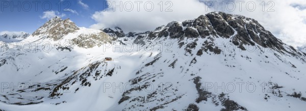 Aerial view, Piz Jenatsch and Piz Picuogl, winter in the mountains, Chamanna Jenatsch CAS, Swiss Alpine Club hut, Val Beve, Graubünden, Switzerland, Europe