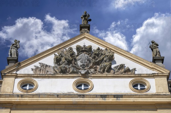 Pediment with coat of arms of the main façade of the Ellingen residence, built between 1708 and around 1760, Ellingen, Middle Franconia, Bavaria, Germany, Europe