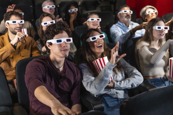 Diverse group of friends wearing 3d glasses, watching a movie at the cinema and eating popcorn, having fun together