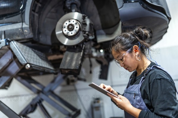 Young female mechanic using a digital tablet while inspecting a car raised on a hydraulic lift in a modern workshop