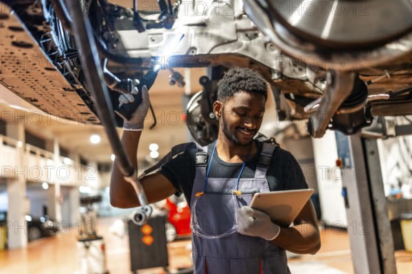 Young mechanic using a digital tablet while working on a car held up by a hydraulic lift in a professional auto repair shop