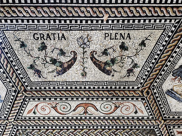 Floor mosaic Gratia plena, detail, interior view of the Chapel of Grace in Kevelaer, Lower Rhine, North Rhine-Westphalia, Germany, Europe