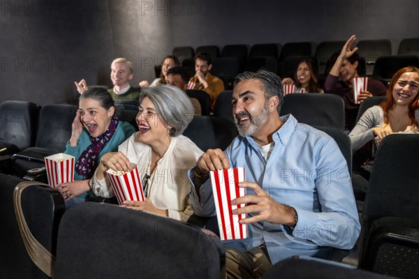 People of different ages laughing and eating popcorn while watching a movie at the cinema