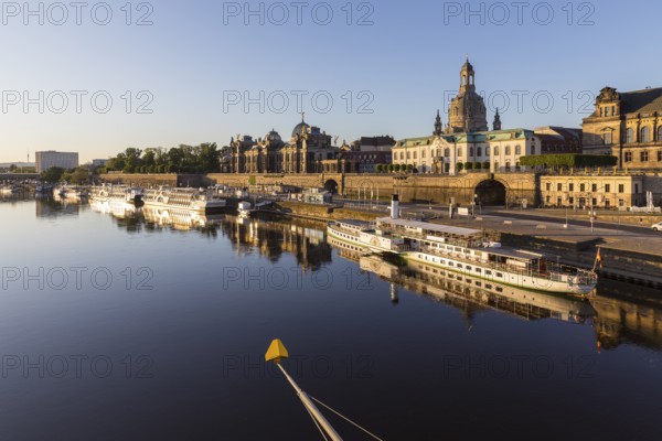 City view in the morning with Elbe, Elbe steamers, Brühl's Terrace, Academy of Fine Arts, secondary school and dome of the Church of Our Lady, Dresden, Saxony, Germany, Europe