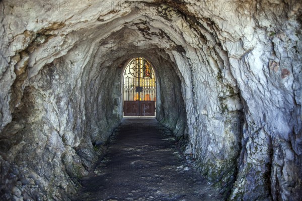 Passage through the hilltop to the burial chapel on the Calvary, Füssen, Ostallgäu, Allgäu, Swabia, Bavaria, Germany, Europe