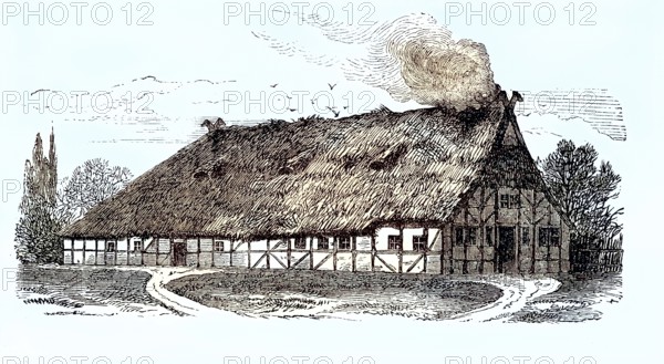 Old Saxon farmhouse, Saxony, Deutschland, 1870 / Altsächsisches Bauernhaus, Sachsen, 1870, Historisch, historical, digital improved reproduction of an original from the 19th century / digital reproduction of an original from the 19th century