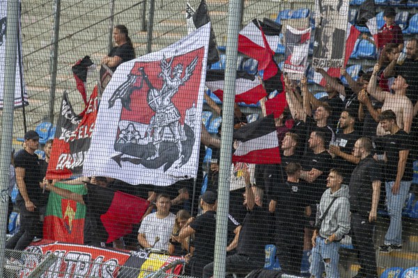 Football: Waldhof Mannheim vs RWD Molenbeek Belgium in Mannheim (preparation match for the 2024/25 season) . Picture: Belgian fans of Molenbeek