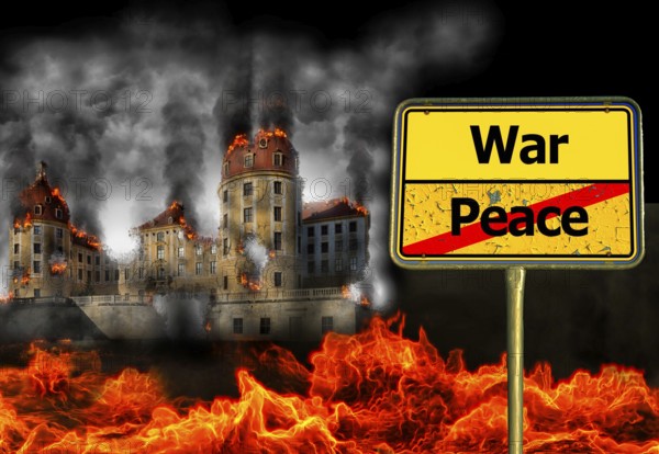Symbolic image, War and Peace street sign in front of bombed-out city, Ukraine war, Russia as aggressor, Donald Trump wanted dictator, Republicans, Russia war against Ukraine, global danger, lies, 2nd term, global burden, questionable US deal with Russia, scandal in the White House against President Volodymyr Selensky in front of cameras, no peace in sight