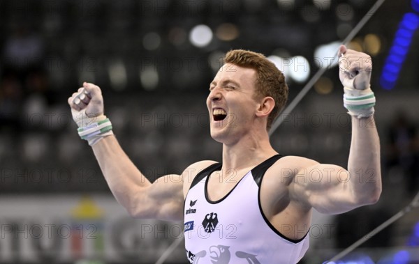 Nils Dunkel GER cheers after routine on rings gymnastics, EnBW DTB-Pokal, Porsche-Arena, Stuttgart, Baden-Württemberg, Germany, Europe