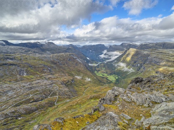 View to Geiranger from the pass road Dalsnibba, mountain, autumn, Geiranger, Møre og Romsdal, Vestland, Norway, Europe
