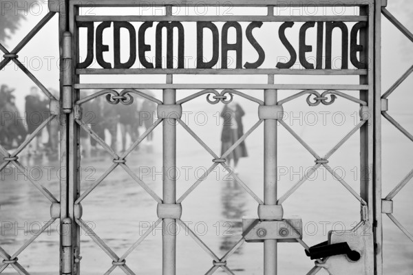 Tor tor to the beech forest concentration camp with the slogan Jedem das Seine on the entrance gate, Weimar, Thuringia, Germany, Europe