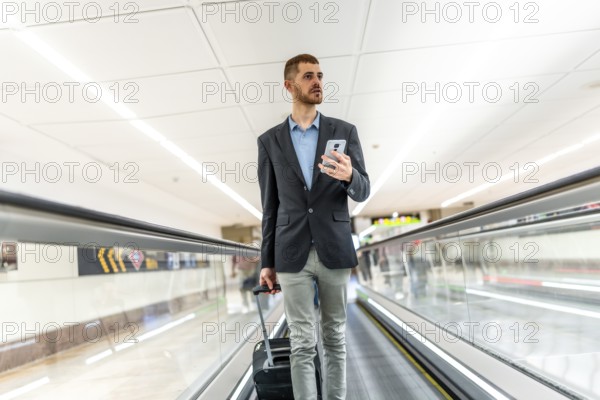 Businessman pulling suitcase and using smartphone while walking on moving walkway at airport