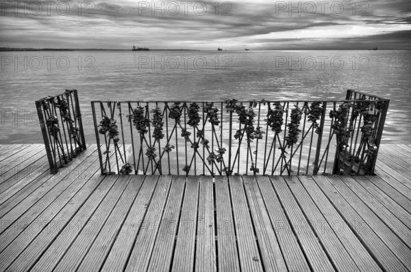 Pier, rusty love locks, promenade, black and white, Thessaloniki, Macedonia, Greece, Europe