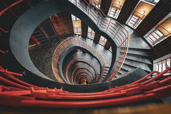 Dramatic spiral staircase with an open-height barrel and red railings, SPRINKENHOF, Hamburg, Germany, Europe