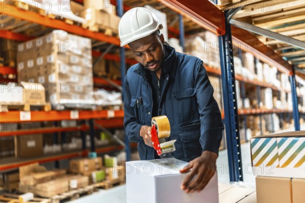 African worker packing cardboard boxes in distribution warehouse