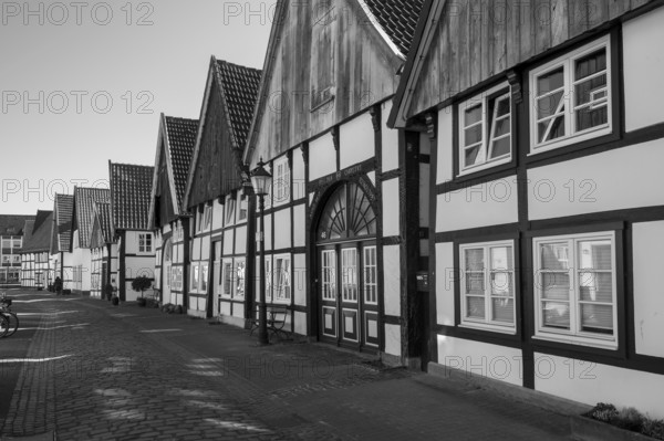 Half-timbered houses in the old town, black and white, Rheda, Rheda-Wiedenbrück, Westphalia, North Rhine-Westphalia, Germany, Europe